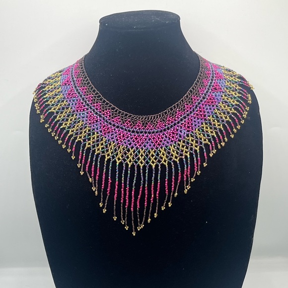 Fusia Purple Gold Color Glass Beaded Knot Clasp Choker Bib Collar Necklace - Picture 1 of 7